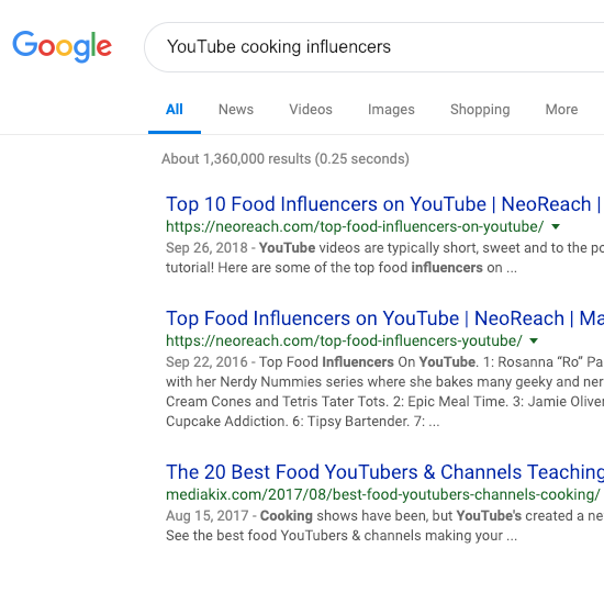 谷歌搜索烹飪類Youtube紅人