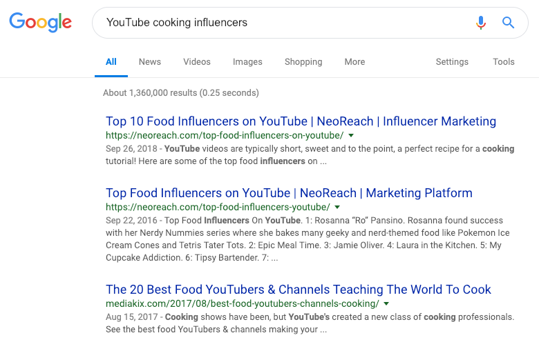 谷歌搜索烹飪類Youtube紅人